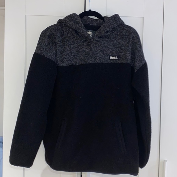 Roots Hoodie -  Mens Black/Gray Size M - Hooded Pullover Sherpa Fleece - Picture 1 of 5